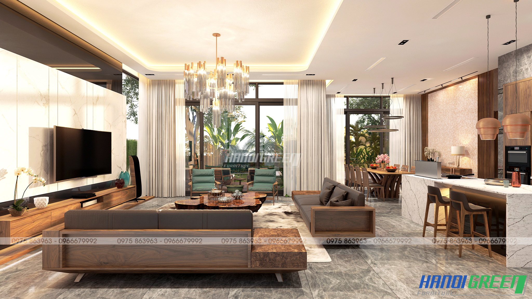 Thiết kế Nội thất gỗ Óc chó căn 600m2 Biệt Thự Đảo Ecopark