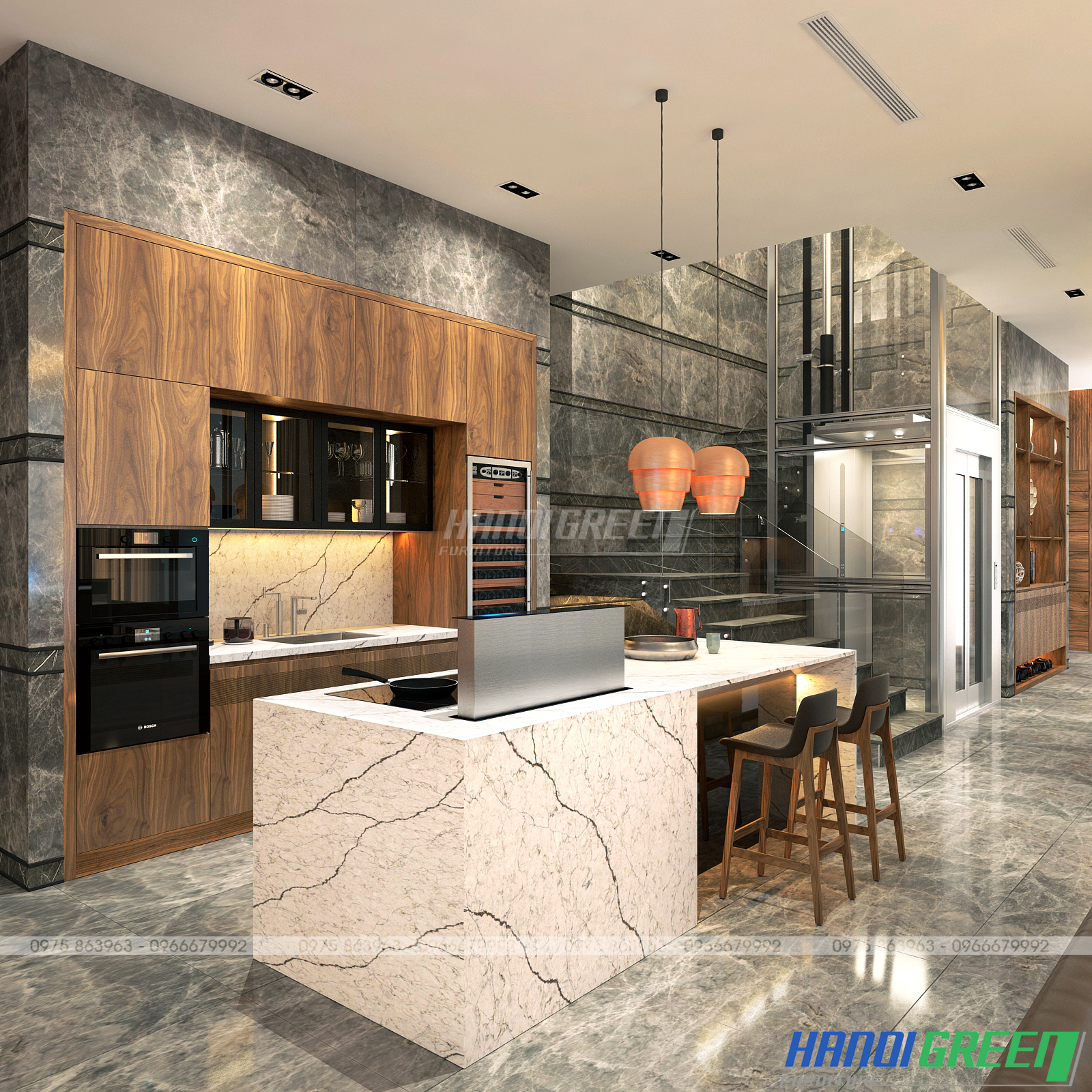 Thiết kế Nội thất gỗ Óc chó căn 600m2 Biệt Thự Đảo Ecopark